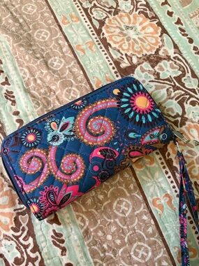 Navy Paisley Quilted Wristlet Wallet with Bright Floral Accents
